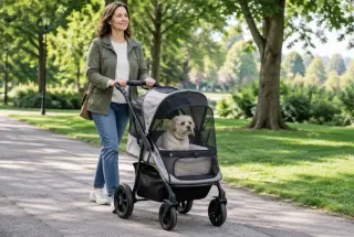 Adulte poussant une poussette canine contenant un petit chien âgé dans un parc urbain arboré.